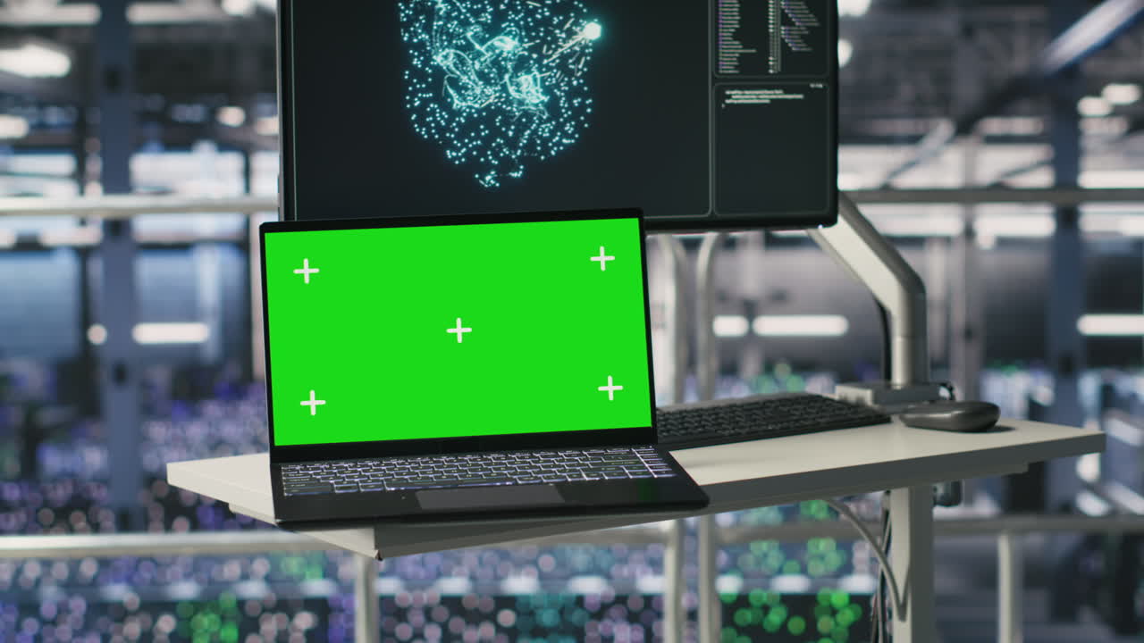 Isolated screen laptop next to elevated industrial data center control station