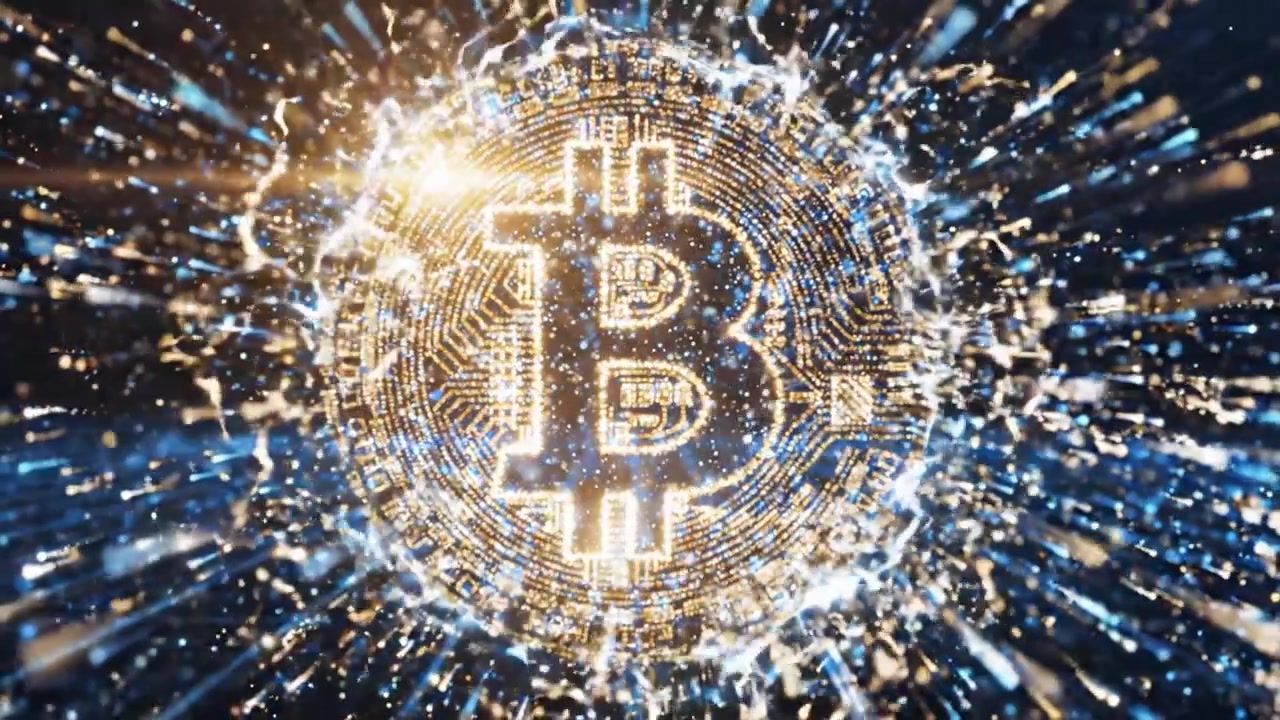 Una straordinaria rappresentazione visiva di Bitcoin in movimento: Esplorando l'essenza dinamica e digitale della criptovaluta attraverso particelle vibranti ed effetti di luce
