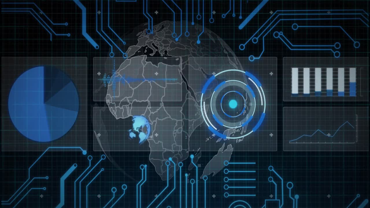 Animation of data processing, globe and computer circuit board