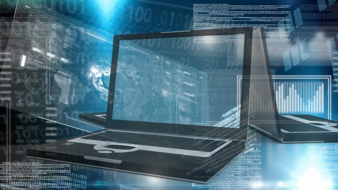 디지털 인터페이스 화면 4k를 보여주는 노트북의 디지털 애니메이션