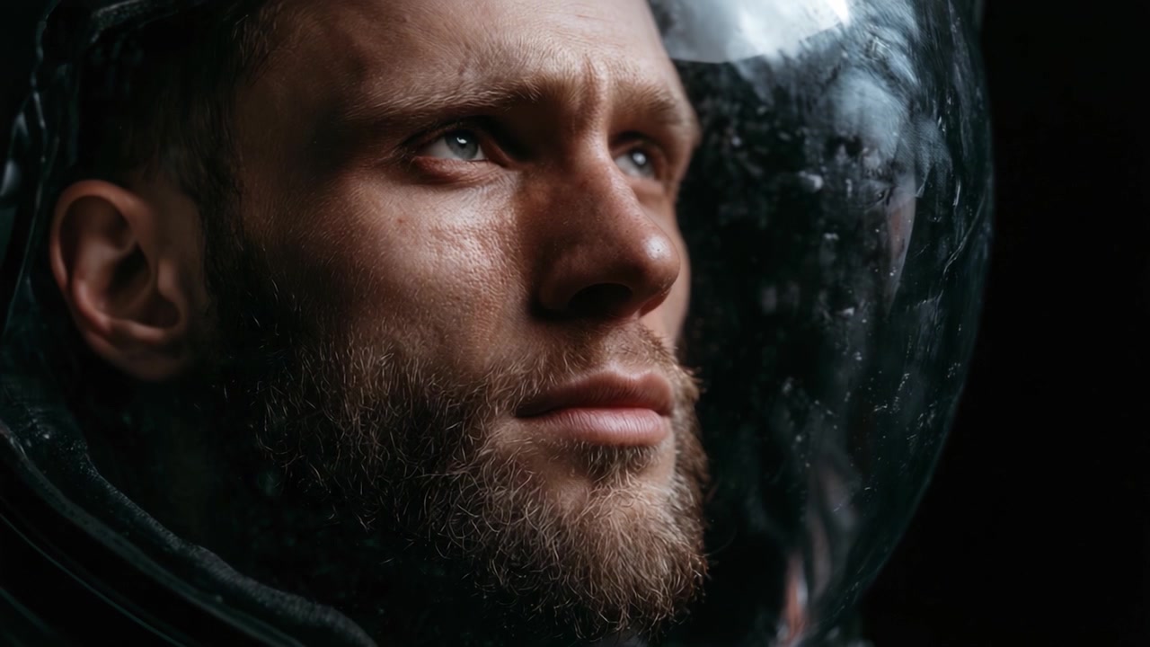Zamyšlený astronaut hledí do neznáma, zachycený ve dvou snímcích, které zdůrazňují hloubku emocí a myšlenek za cestou vesmírného průzkumu.