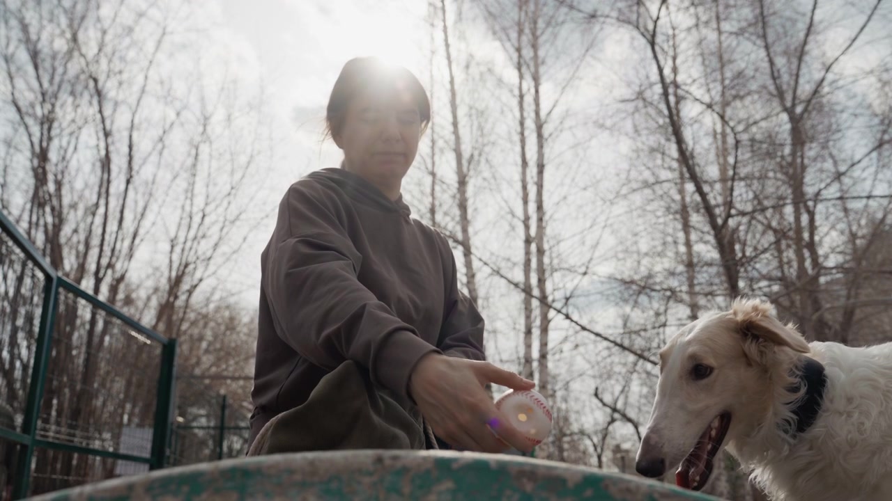 Una donna interagisce con un cane, tenendo giocattoli e coinvolgendo l'animale in un ambiente esterno. La scena presenta la luce naturale che filtra attraverso gli alberi dietro di loro, creando un'illuminazione soffusa mentre la donna gioca a riporto.