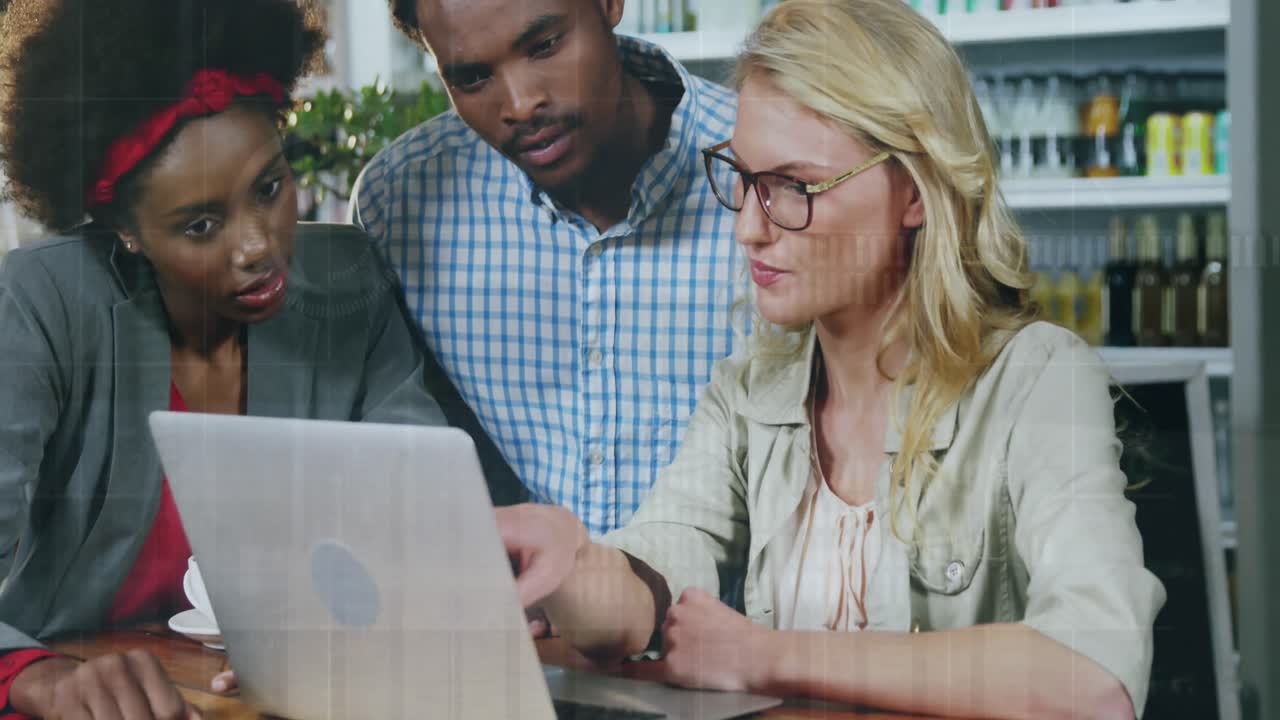 Animation of financial data processing over diverse business people using laptop