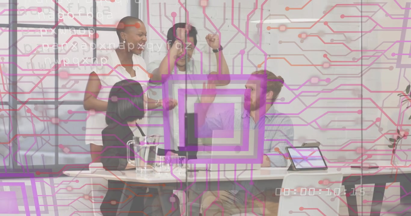 Business team holding neon pink frame starting color cycle while aligning, celebrating calibration