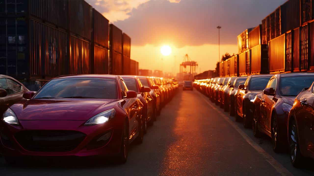 Fantastisk solnedgang over biler, der venter på transport, og viser en fortryllende række af farverige køretøjer opstillet mod fragtcontainere i gyldent lys