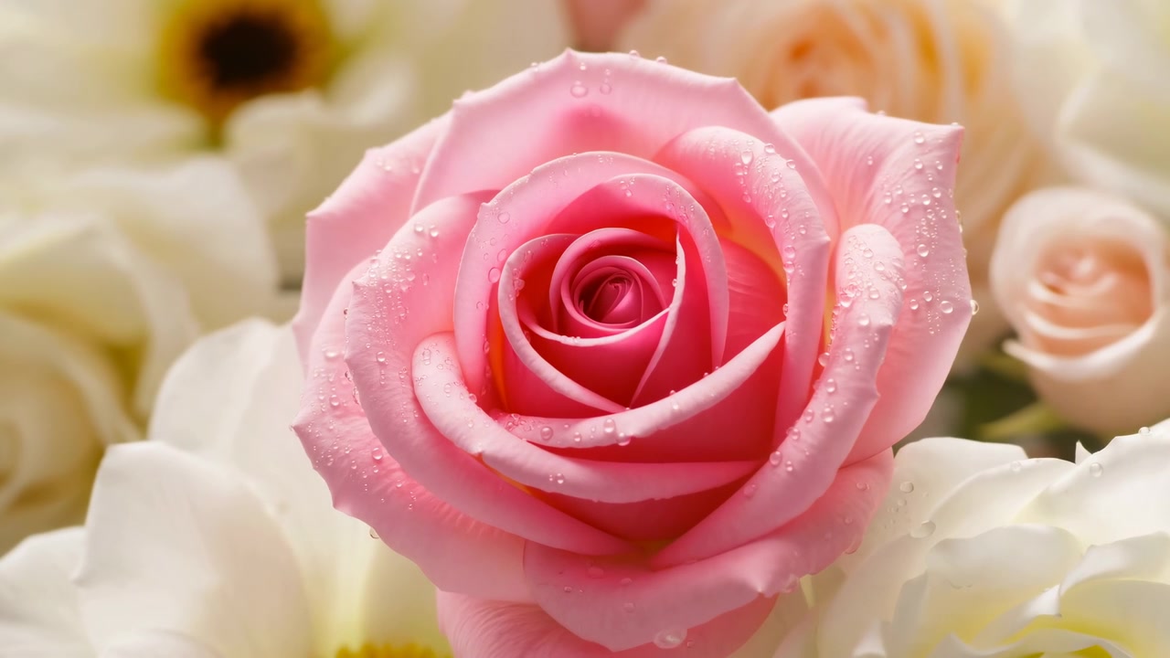 Una splendida sequenza di fioritura di rose rosa catturata in una prospettiva di nutrimento e crescita, che mostra i loro delicati petali e le foglie verdi vibranti in uno scatto macro ravvicinato. Goccioline d'acqua.