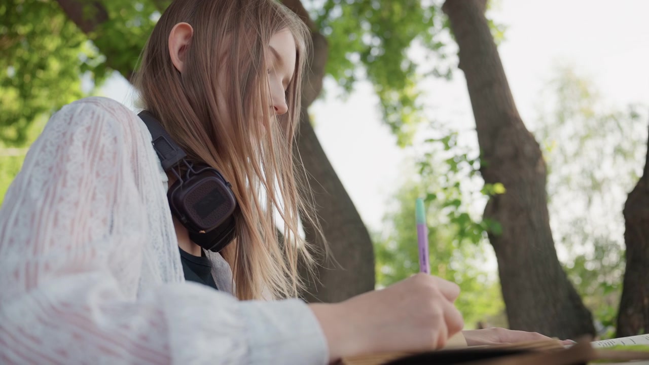 Primo piano di giovane donna che scrive in un quaderno con una penna viola a un tavolo all'aperto, indossando un top di pizzo bianco e cuffie. Una luce naturale soffusa illumina la scena circondata da alberi verdi e spazio aperto.