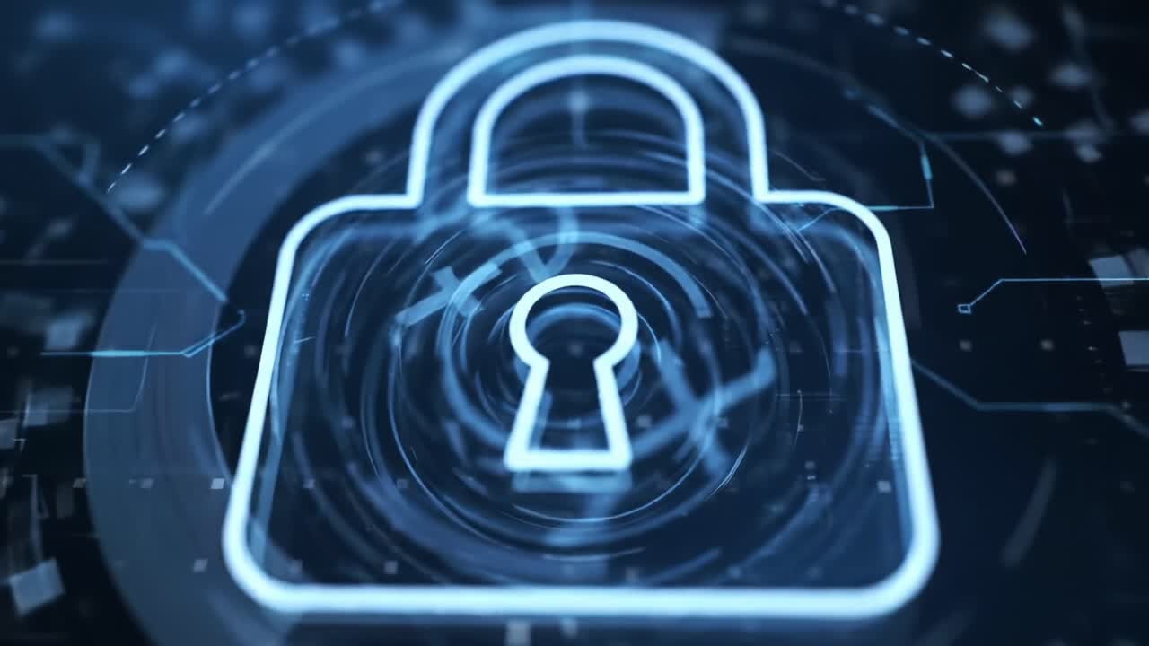 Digital Security Concept with Animated Lock Symbol Representing Data Protection and Cybersecurity in a Technological Environment with Abstract Elements