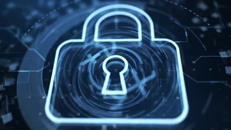 digital security concept with animated lock symbol representing data protection and cybersecurity in a technological environment with abstract elements