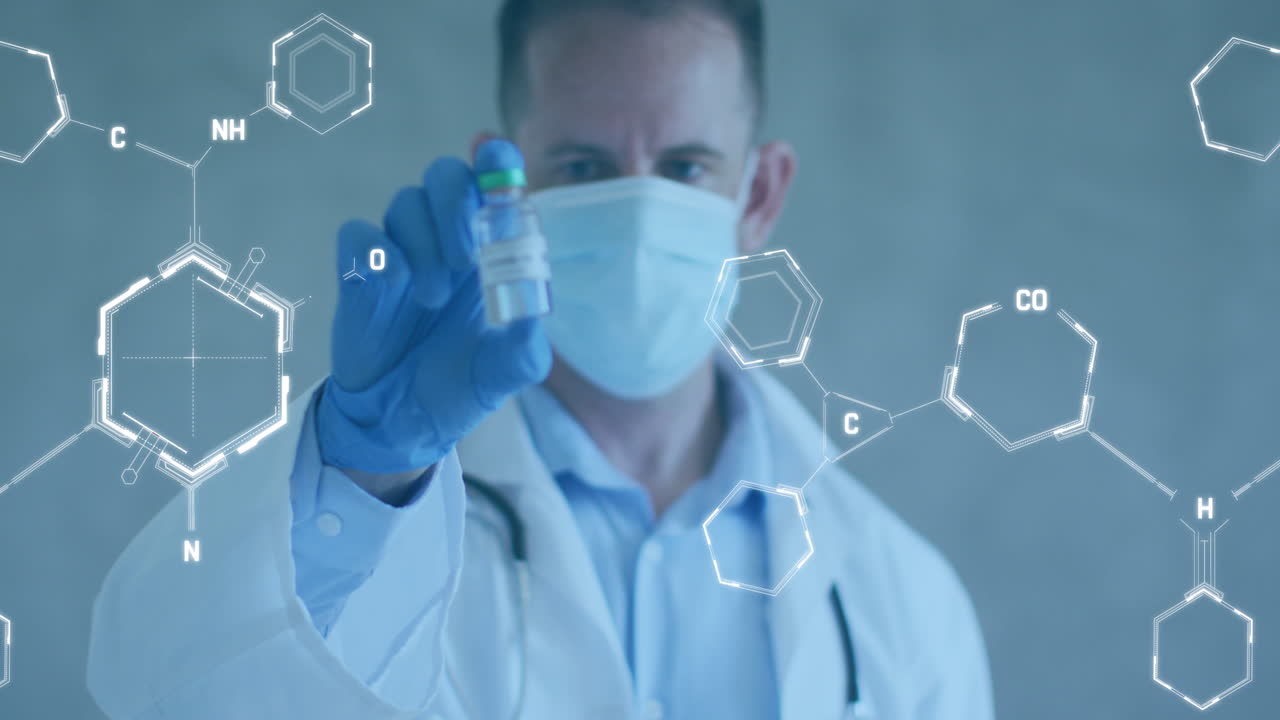 animación de estructuras químicas sobre un médico caucásico con una vacuna y una máscara facial