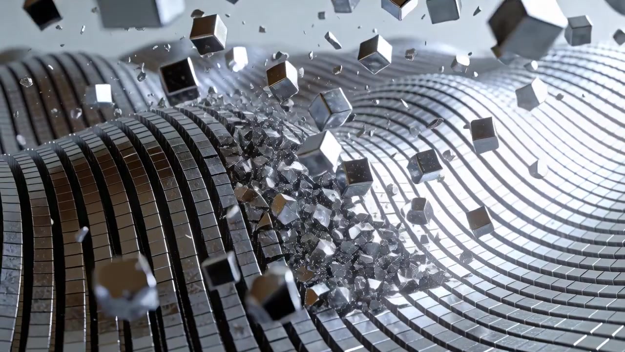 Contacting polished cube cluster denting wavy metal ribbon, more cubes striking and ejecting shards