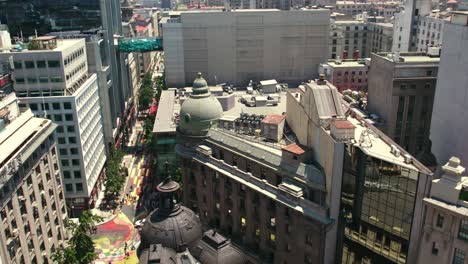 aerial drone fly above financial center cityscape of santiago de chile la bolsa neighborhood