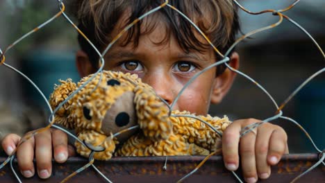a child holding a teddy bear behind a fence