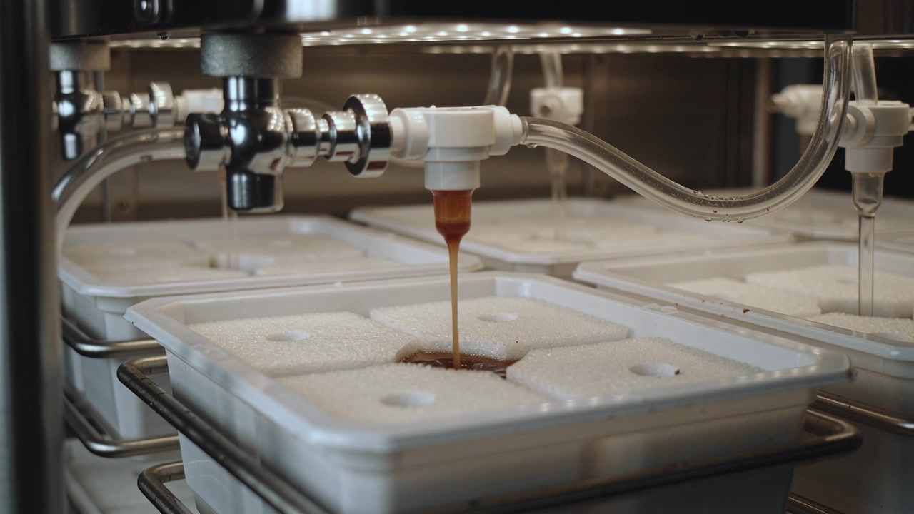 Forming droplet, chrome nozzle releasing brown liquid into production bay, filling foam pad well