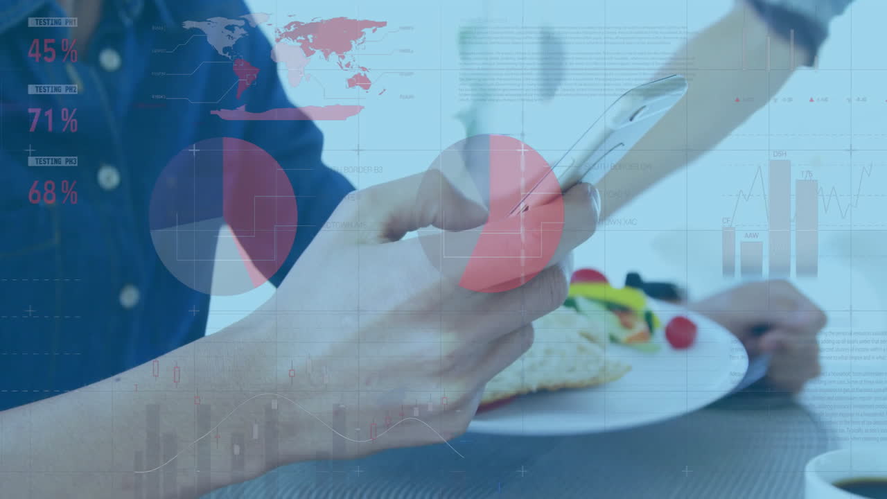 animación del procesamiento de datos financieros sobre un hombre caucásico que usa un teléfono inteligente