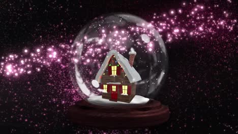 Animation-of-snow-globe-with-house-over-stars-on-black-background