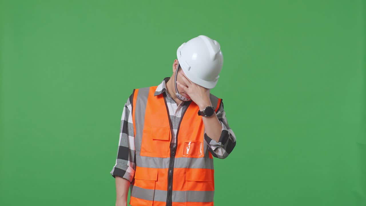 Asian Male Engineer With Safety Helmet Having A Headache While Working In The Green Screen Background Studio