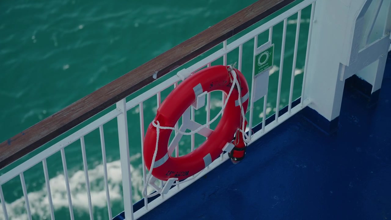 Red orange lifebuoy mounted on white ferry railing above green blue sea water