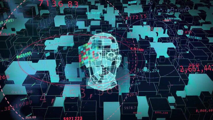 Tile panel emerging, wireframe human head rotating, camera orbiting, data flowing, visualizing data