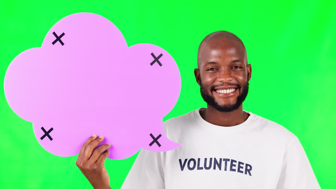 Black man, speech bubble and volunteer on green