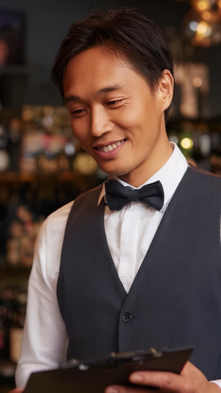 En smilende tjener tager imod bestillinger i hyggelige restaurantomgivelser, der fremhæver gæstfrihed og professionalisme i fødevareindustrien