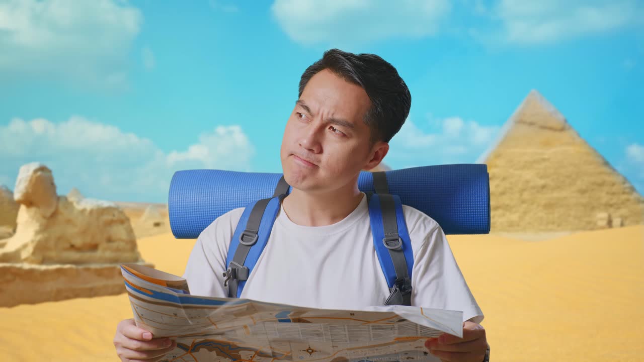 Close Up Of Asian Male Hiker With Mountaineering Backpack Looking At The Map Then Looking Around While Traveling In Pyramid Of Giza