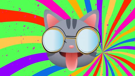 Animación-De-Lindo-Gato-Con-Gafas-Sobre-Fondo-Rayado