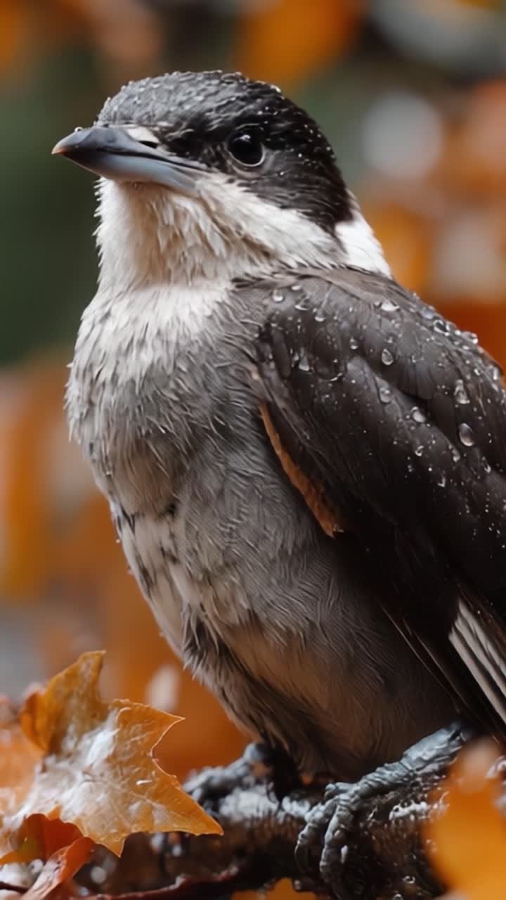 A Close-Up of a Beautiful Bird with Wet Feathers, Perched on a Branch Surrounded by Fall Leaves, Displaying Texture and Serenity in Nature's Rainy Atmosphere