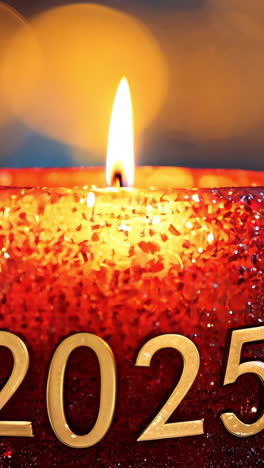a lit candle with the number 2025 written on it. the candles are arranged in a row and are lit up