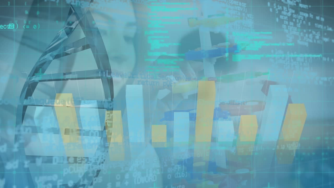 animación del procesamiento de datos científicos sobre una científica biracial