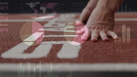 animation of statistics processing over male runner's hands on starting line of racing track