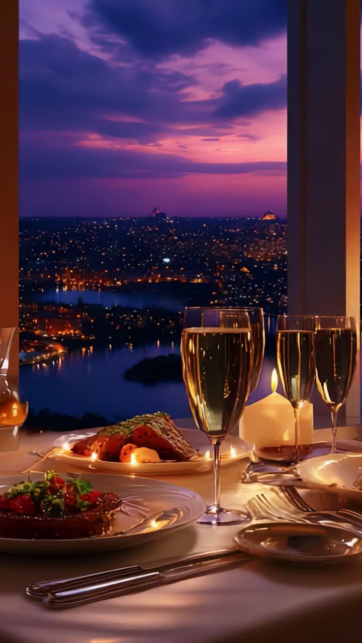 An Elegant Dining Experience with a Stunning City View at Dusk, Featuring Gourmet Dishes, Sparkling Glasses, and Ambient Lighting That Creates a Romantic Atmosphere for Any Special Occasion