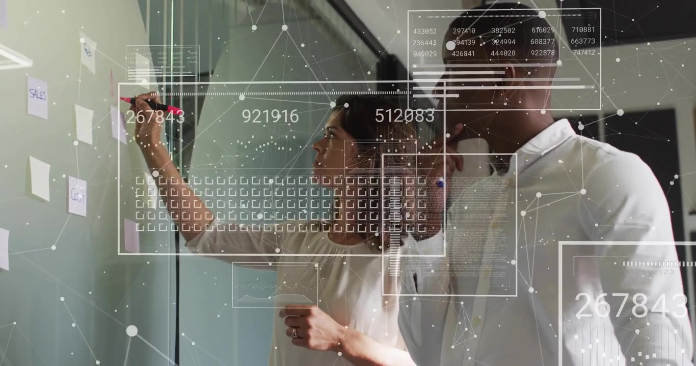 Business Professionals Collaborating on Strategy with Digital Data Overlay