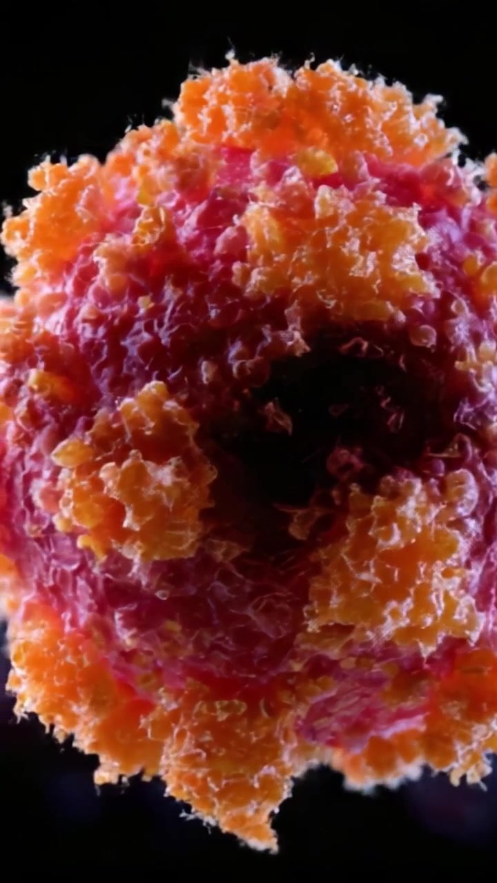 Incredibile vista microscopica di una cellula vibrante con intricate strutture superficiali, che evidenzia la texture e la colorazione uniche della sua membrana e del suo contenuto