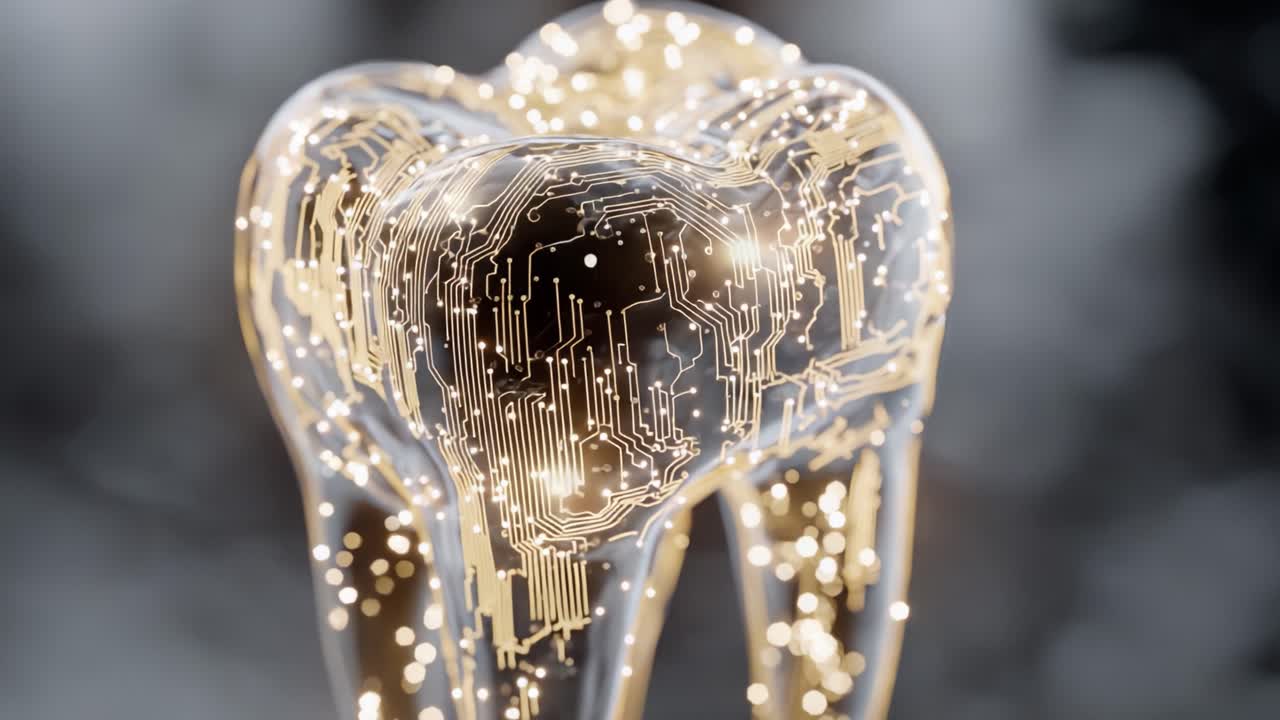 A Stunning Fusion of Dentistry and Technology: A Close-Up Exploration of a Digital Tooth Model Adorned with Intricate Circuit Patterns and Illuminating Lights