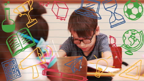 children studying in classroom with colorful education-themed animation over them