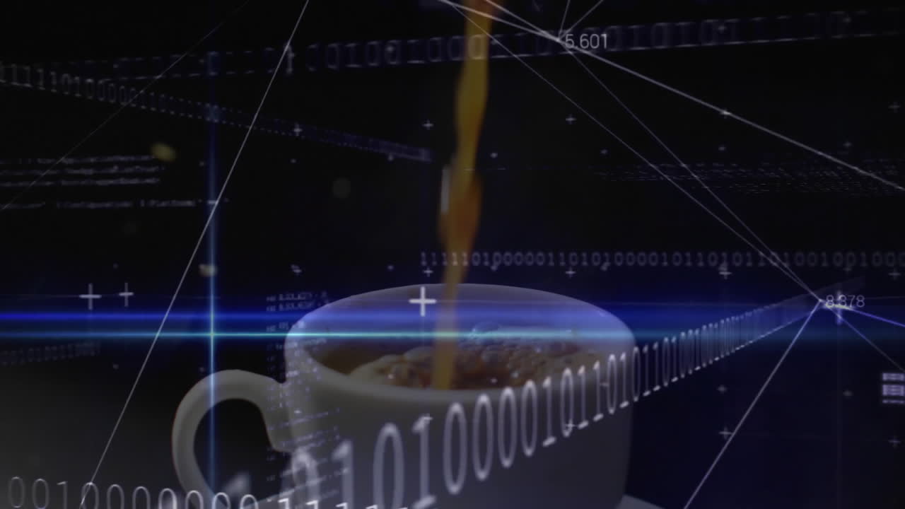 White ceramic coffee cup being filled with coffee stream in dark space, with binary code overlays