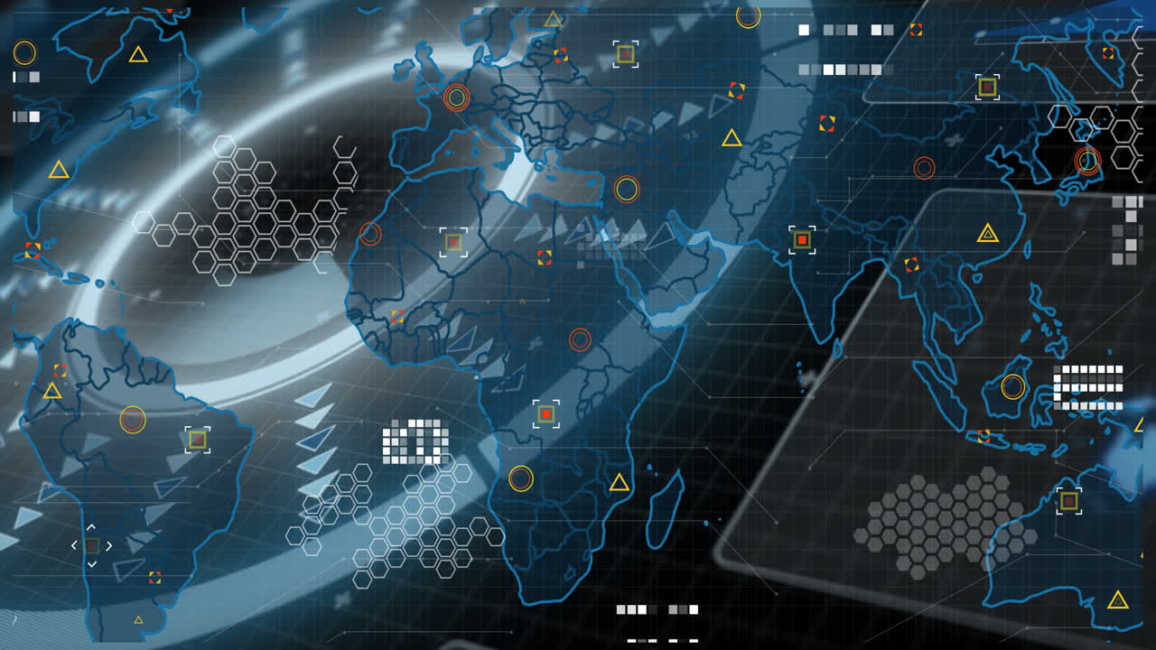 Animation of futuristic digital map with data processing and network connections
