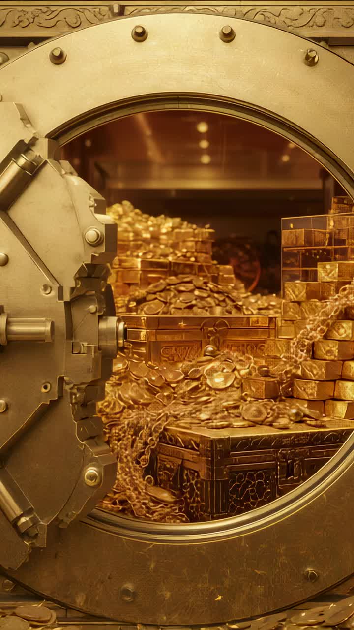 Vertical video: Opening vault door revealing gold hoard, camera moving in showing bars and coins