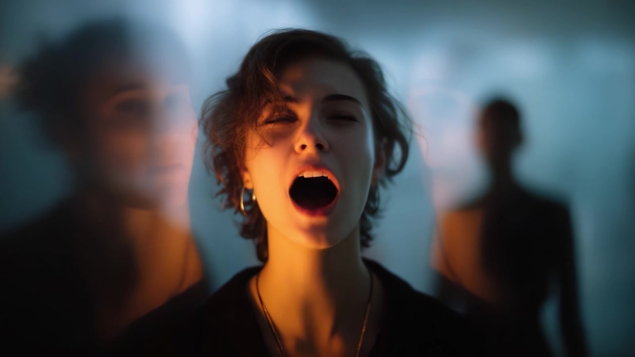 Donna espressiva che canta o urla con passione nel vuoto, mostrando emozione pura e vivacità su uno sfondo sfocato di figure e colori indistinti