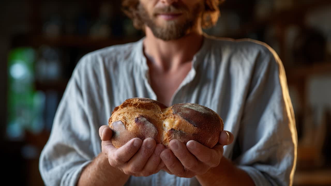 Artisan Baker Masterfully Presents Freshly Baked Bread, Showcasing the Perfect Texture and Flavor of His Craft in a Rustic Kitchen Setting