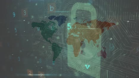 animación del procesamiento de datos de ciberseguridad sobre el icono de candado de seguridad contra el mapa del mundo.