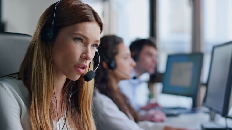 Tired operator talk headset in call center closeup. Service agent consult client