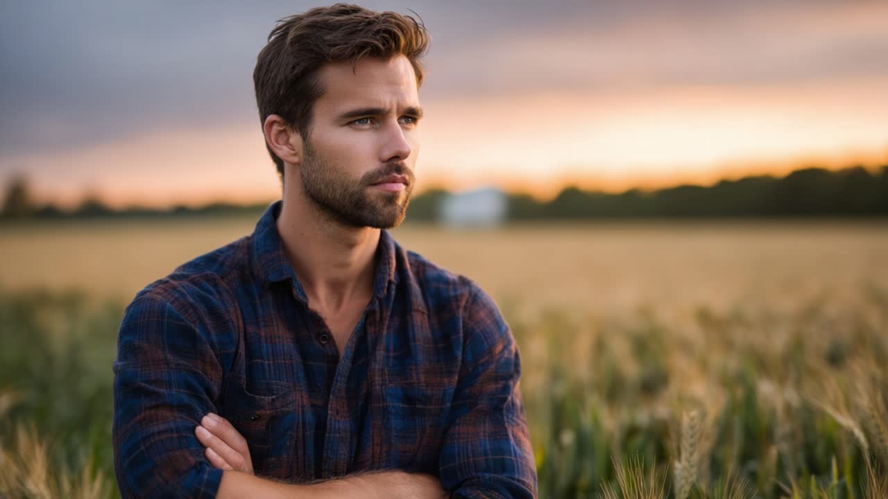 Contemplative Young Man in a Wheat Field During Sunset, Capturing a Moment of Reflection Amidst Nature's Beauty and Serenity in a Rural Landscape