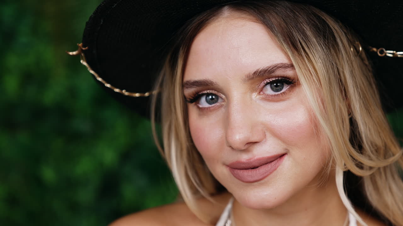 Face of a beautiful blonde Caucasian woman wearing a black hat. Close up portrait of a lady turning and smiling to camera.