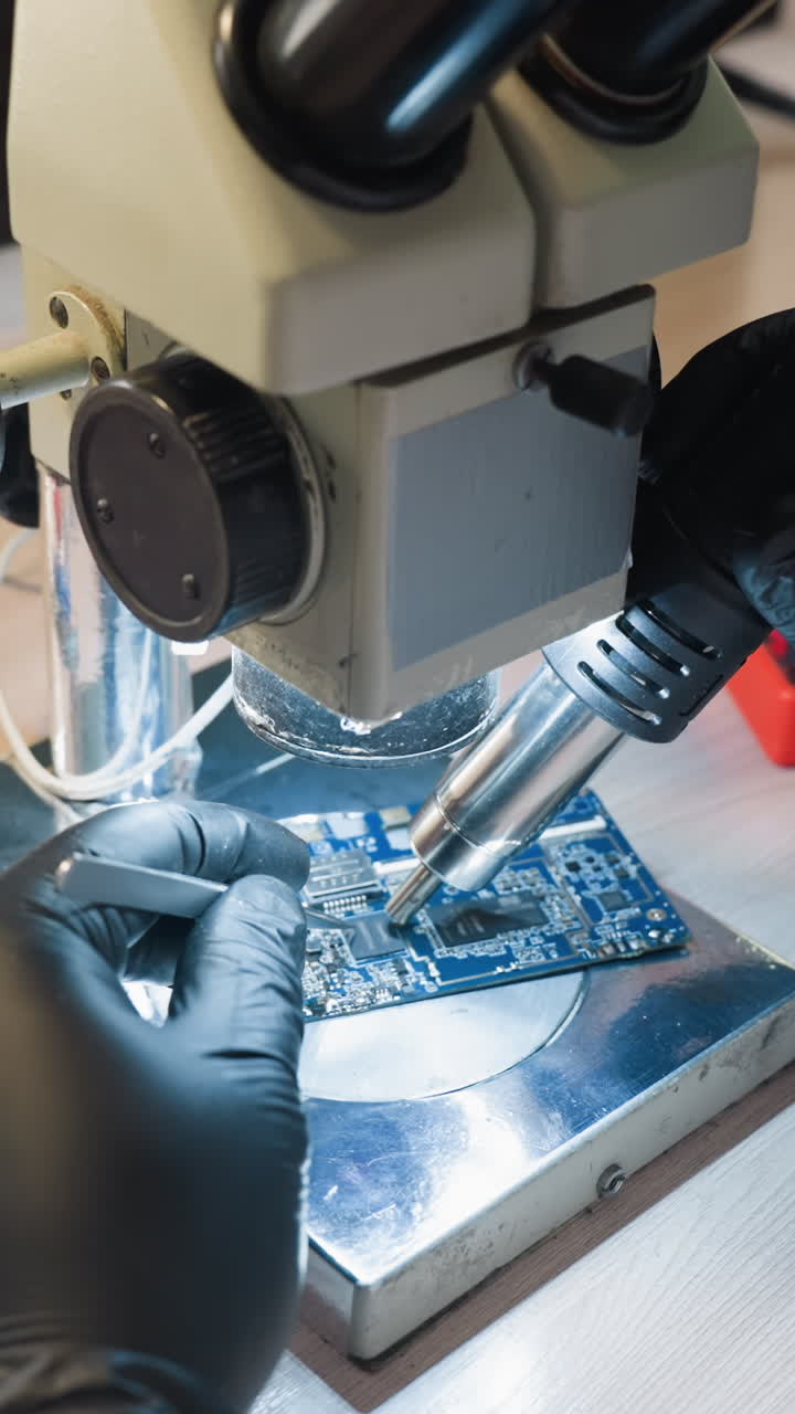 vista de primer plano de un técnico en una bata de laboratorio usando un microscopio y herramientas de soldadura para reparar meticulosamente una placa de circuito