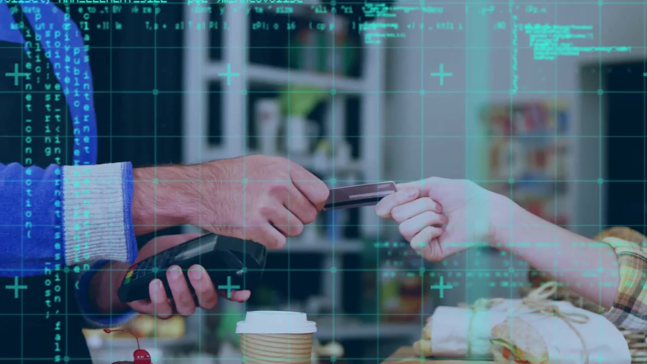 Animation of data processing over caucasian woman paying with credit card