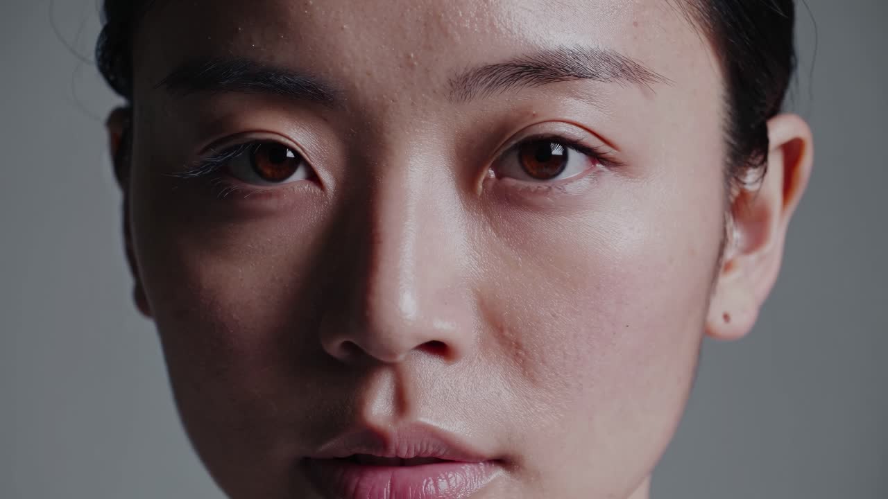Facial expression montage featuring young asian woman with dark hair, presenting nuanced emotions through eye movements on minimalist white background
