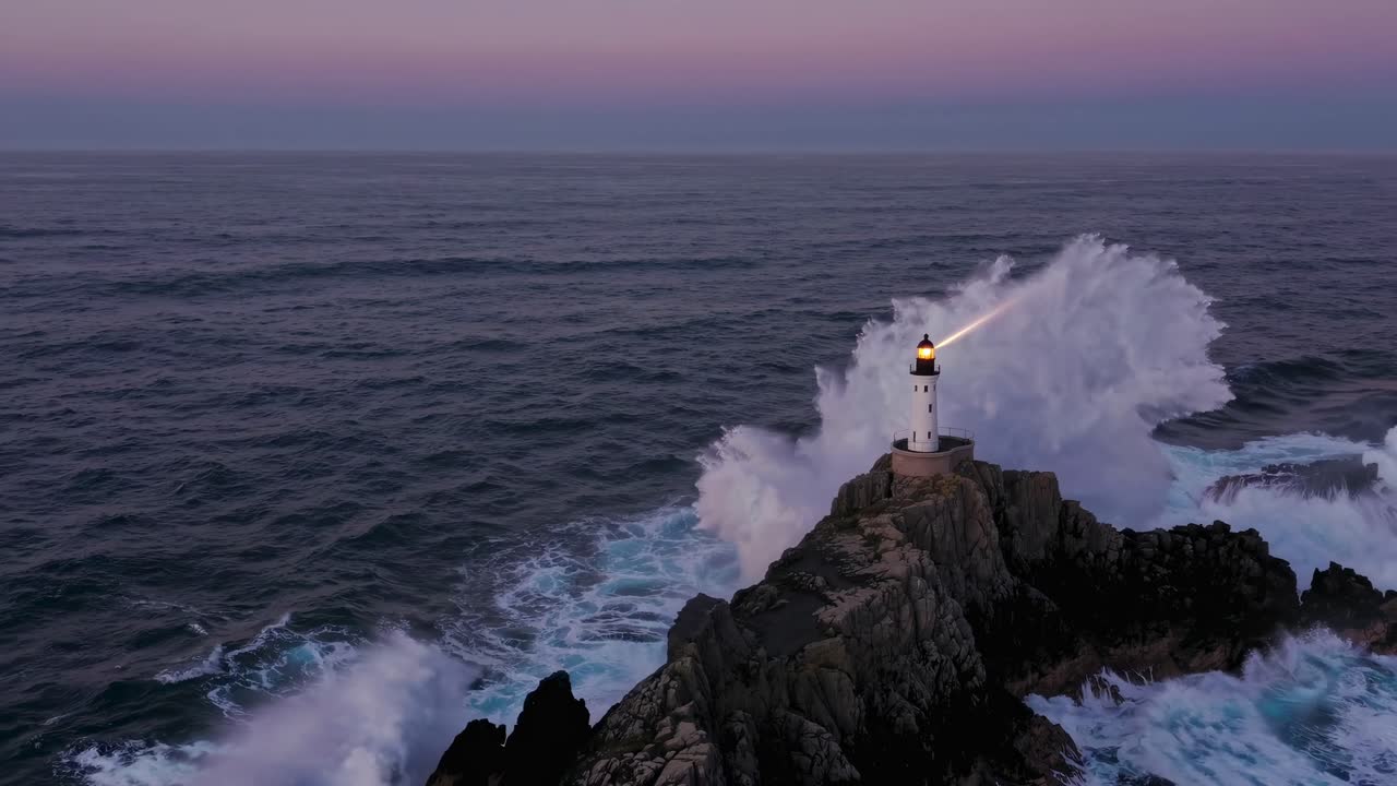 Aerial video of a lighthouse on rocky cliffs at dusk, capturing the serene ocean waves and pastel