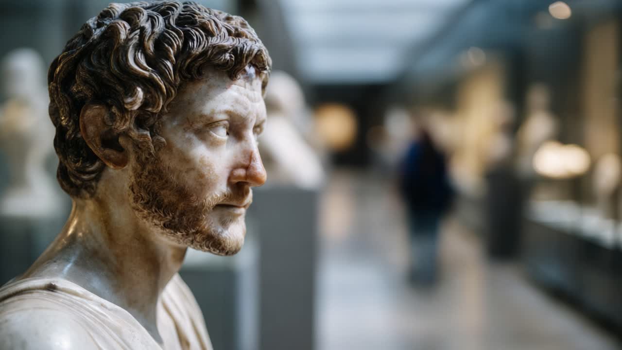 Un primo piano di un antico busto di marmo che cattura i minuziosi dettagli dei tratti e delle espressioni del viso in un museo che espone arte scultorea classica.